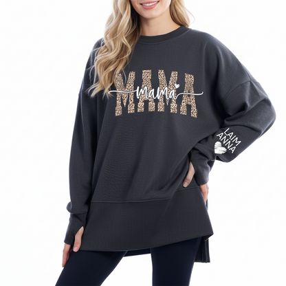 Personalized Leopard Mama And Kids Women Oversized Sweatshirts Thumbhole Long Sleeve, Thumbhole Fall Side Slit Pullover
