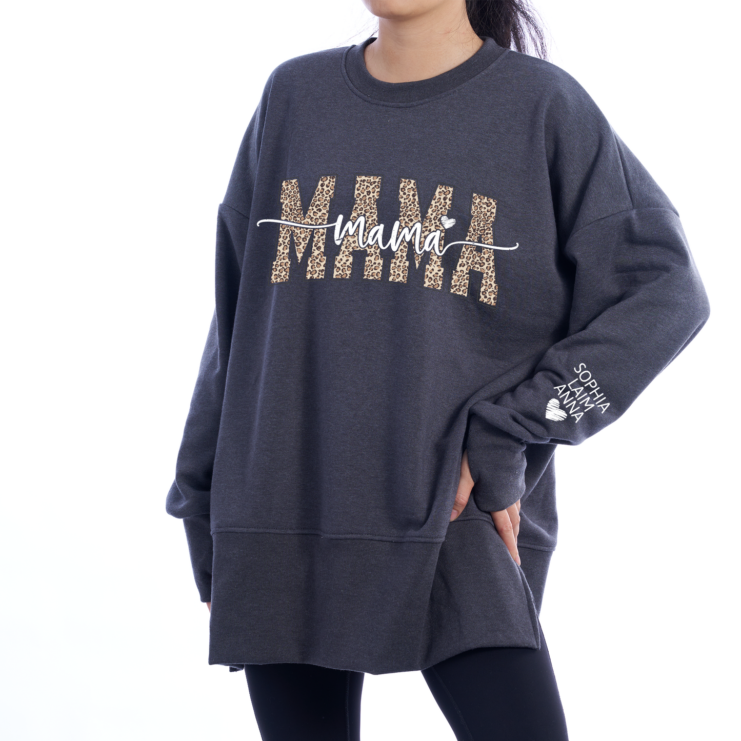 Personalized Leopard Mama And Kids Women Oversized Sweatshirts Thumbhole Long Sleeve, Thumbhole Fall Side Slit Pullover