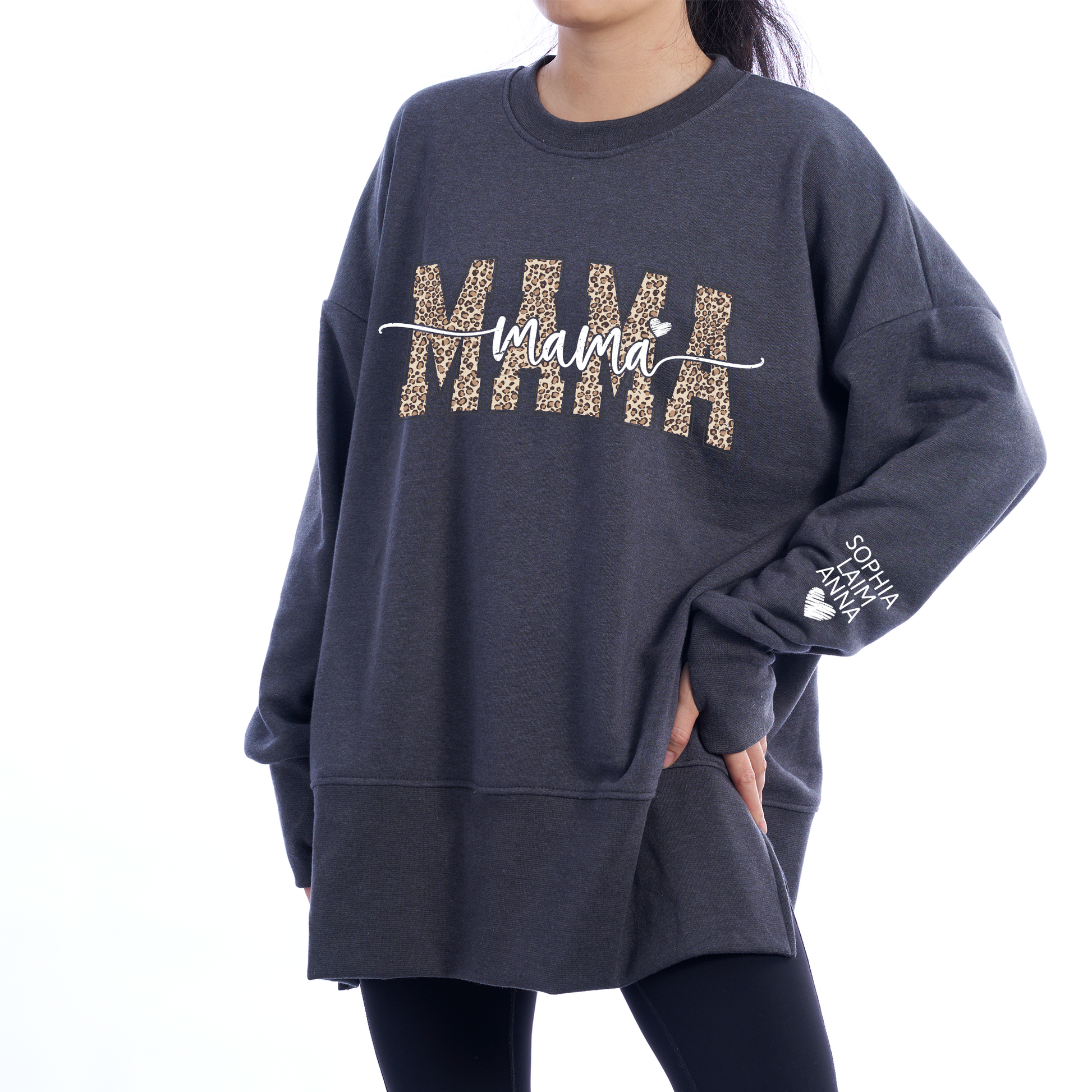 Personalized Leopard Mama And Kids Women Oversized Sweatshirts Thumbhole Long Sleeve, Thumbhole Fall Side Slit Pullover