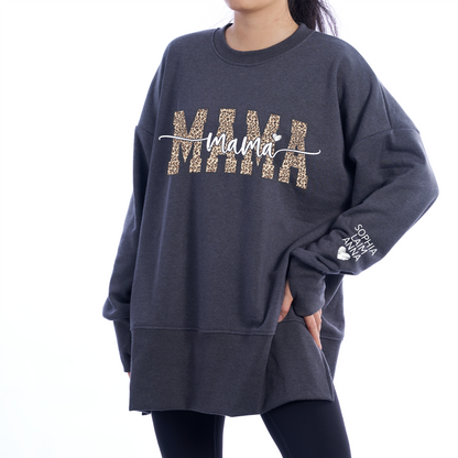 Personalized Leopard Mama And Kids Women Oversized Sweatshirts Thumbhole Long Sleeve, Thumbhole Fall Side Slit Pullover