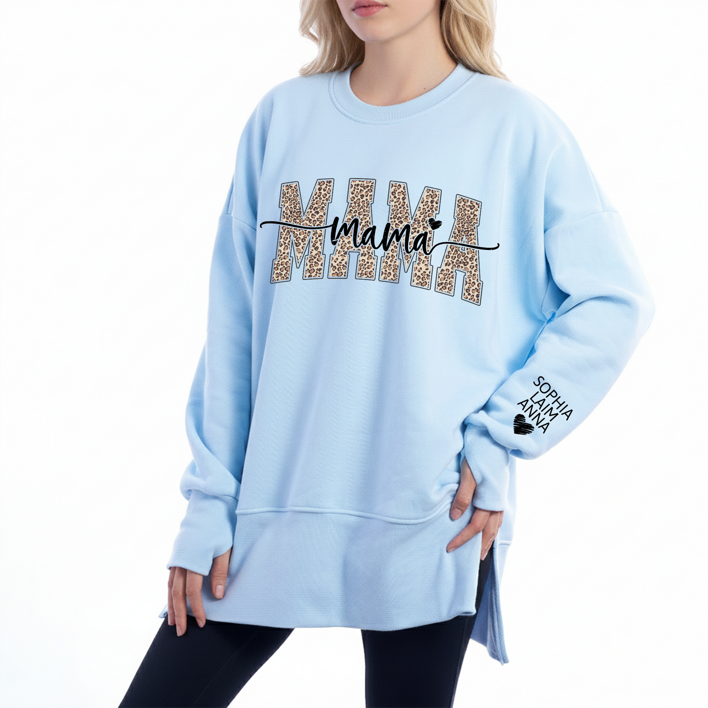 Personalized Leopard Mama And Kids Women Oversized Sweatshirts Thumbhole Long Sleeve, Thumbhole Fall Side Slit Pullover
