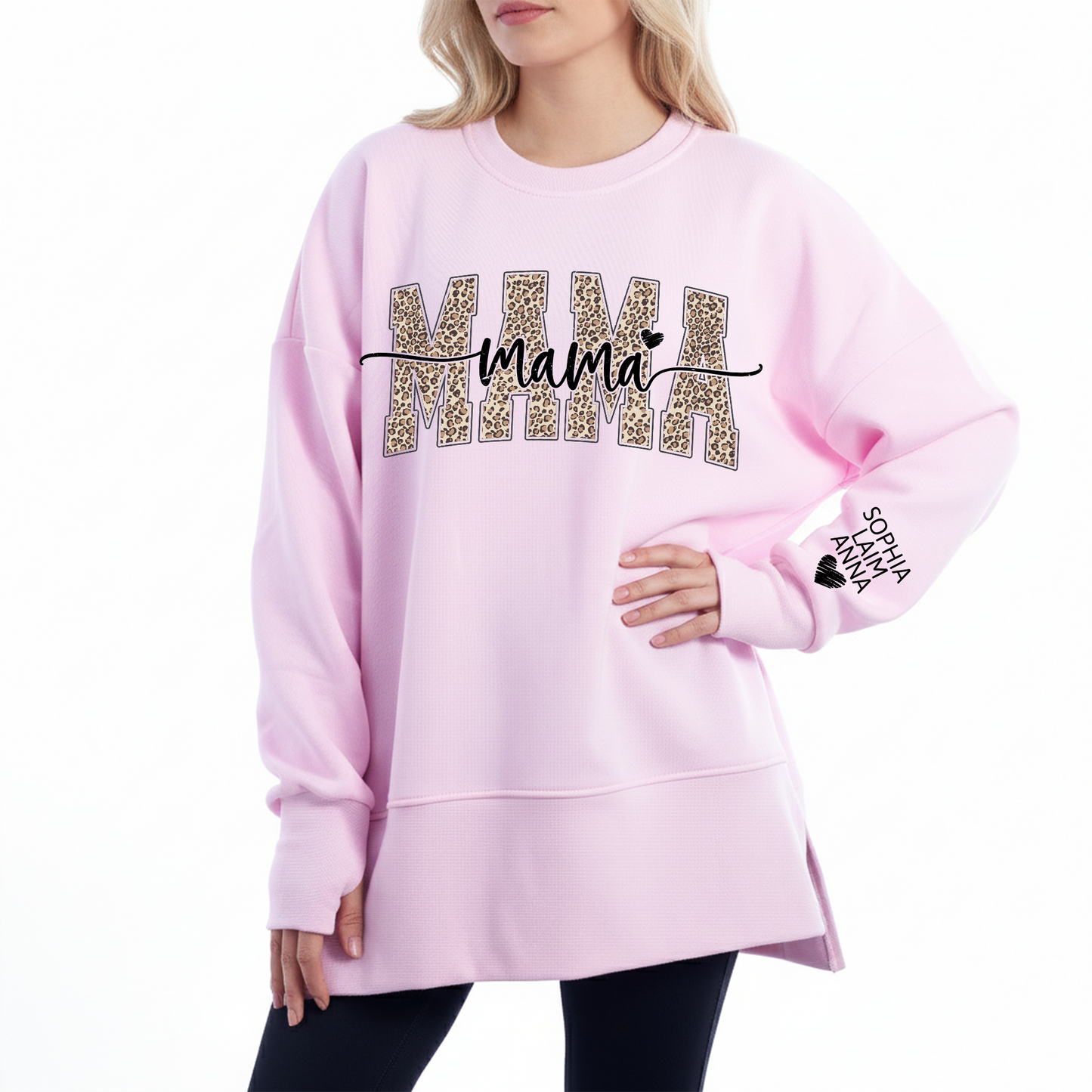 Personalized Leopard Mama And Kids Women Oversized Sweatshirts Thumbhole Long Sleeve, Thumbhole Fall Side Slit Pullover