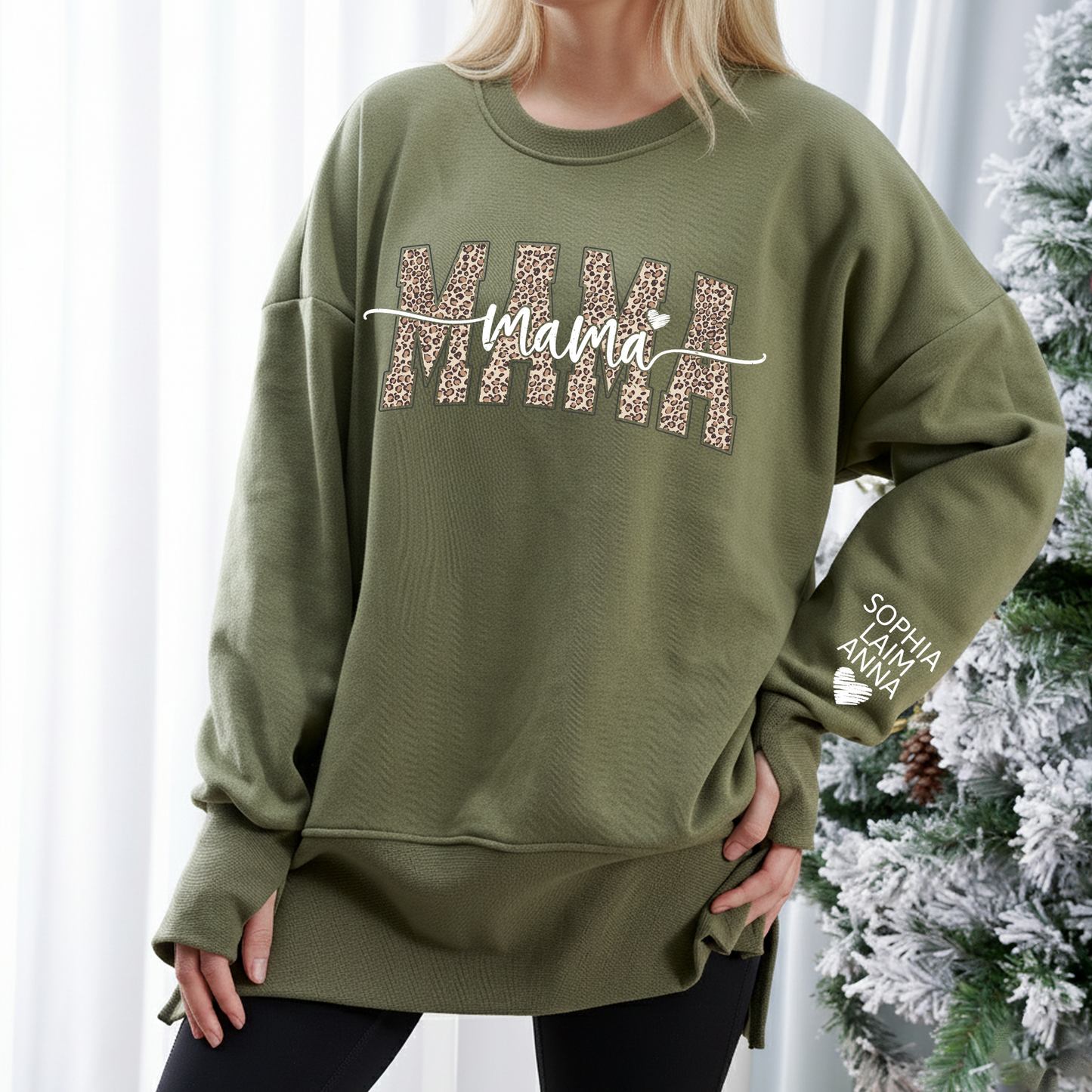 Personalized Leopard Mama And Kids Women Oversized Sweatshirts Thumbhole Long Sleeve, Thumbhole Fall Side Slit Pullover