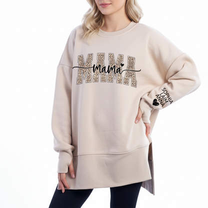 Personalized Leopard Mama And Kids Women Oversized Sweatshirts Thumbhole Long Sleeve, Thumbhole Fall Side Slit Pullover