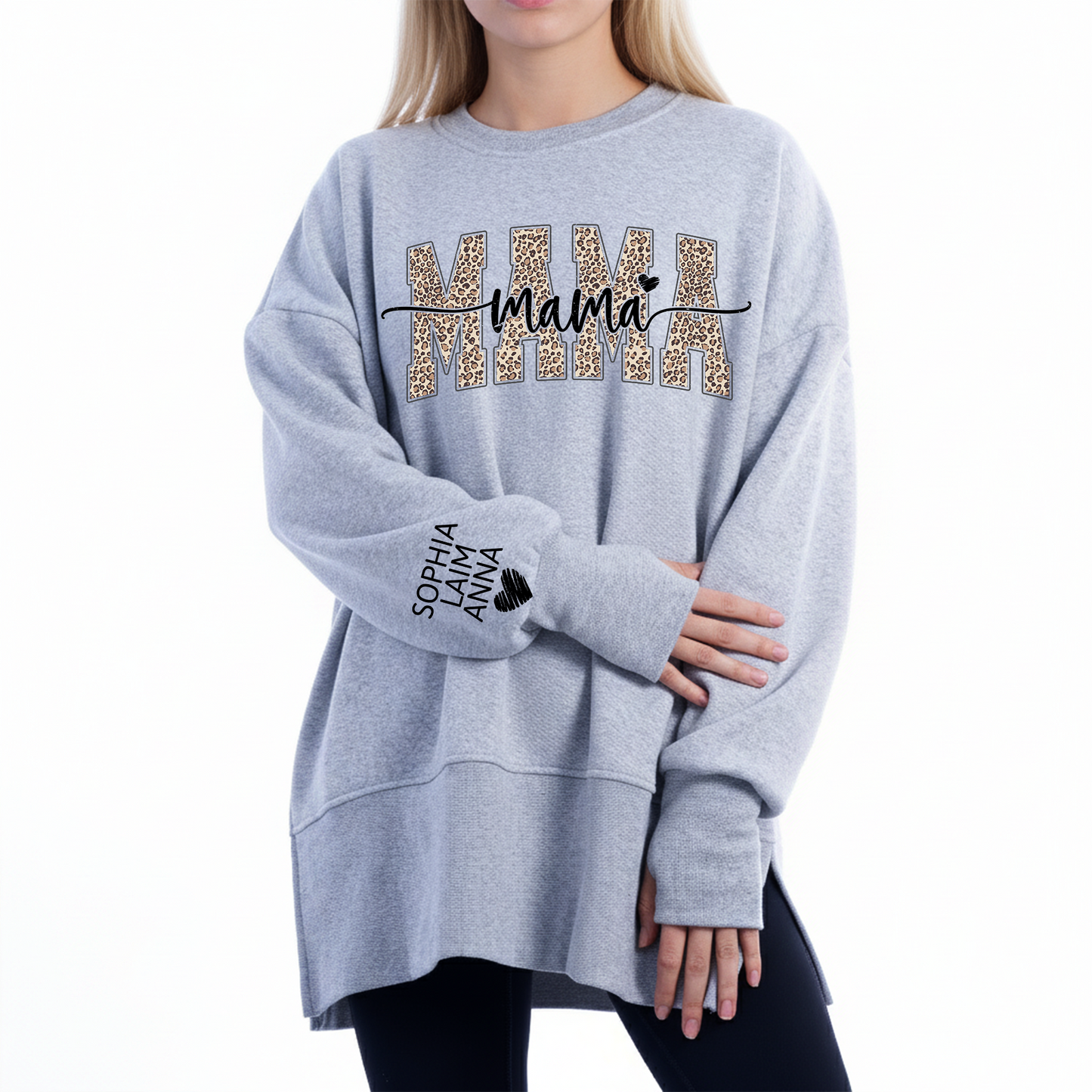 Personalized Leopard Mama And Kids Women Oversized Sweatshirts Thumbhole Long Sleeve, Thumbhole Fall Side Slit Pullover