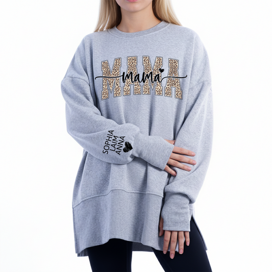 Personalized Leopard Mama And Kids Women Oversized Sweatshirts Thumbhole Long Sleeve, Thumbhole Fall Side Slit Pullover