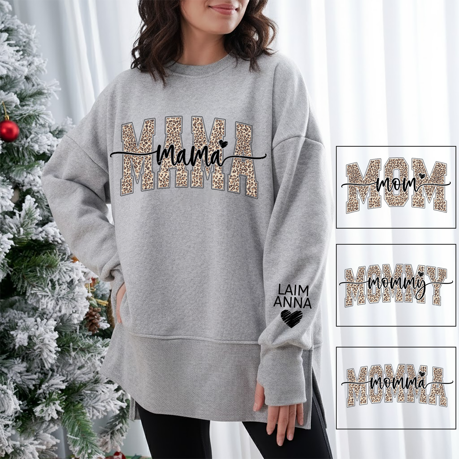 Personalized Leopard Mama And Kids Women Oversized Sweatshirts Thumbhole Long Sleeve, Thumbhole Fall Side Slit Pullover