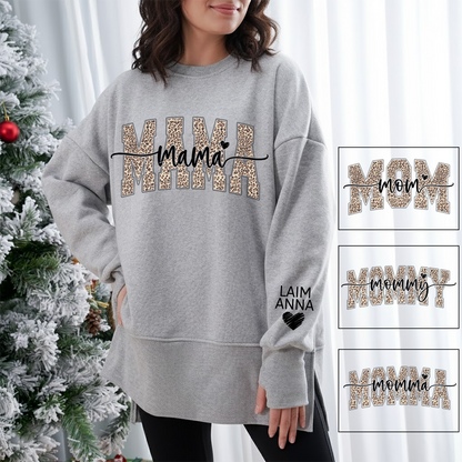 Personalized Leopard Mama And Kids Women Oversized Sweatshirts Thumbhole Long Sleeve, Thumbhole Fall Side Slit Pullover