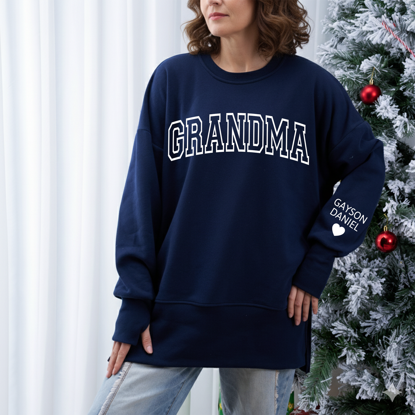 Personalized Mama And Kids Name Women Oversized Sweatshirts Thumbhole Long Sleeve, Thumbhole Fall Side Slit Pullover