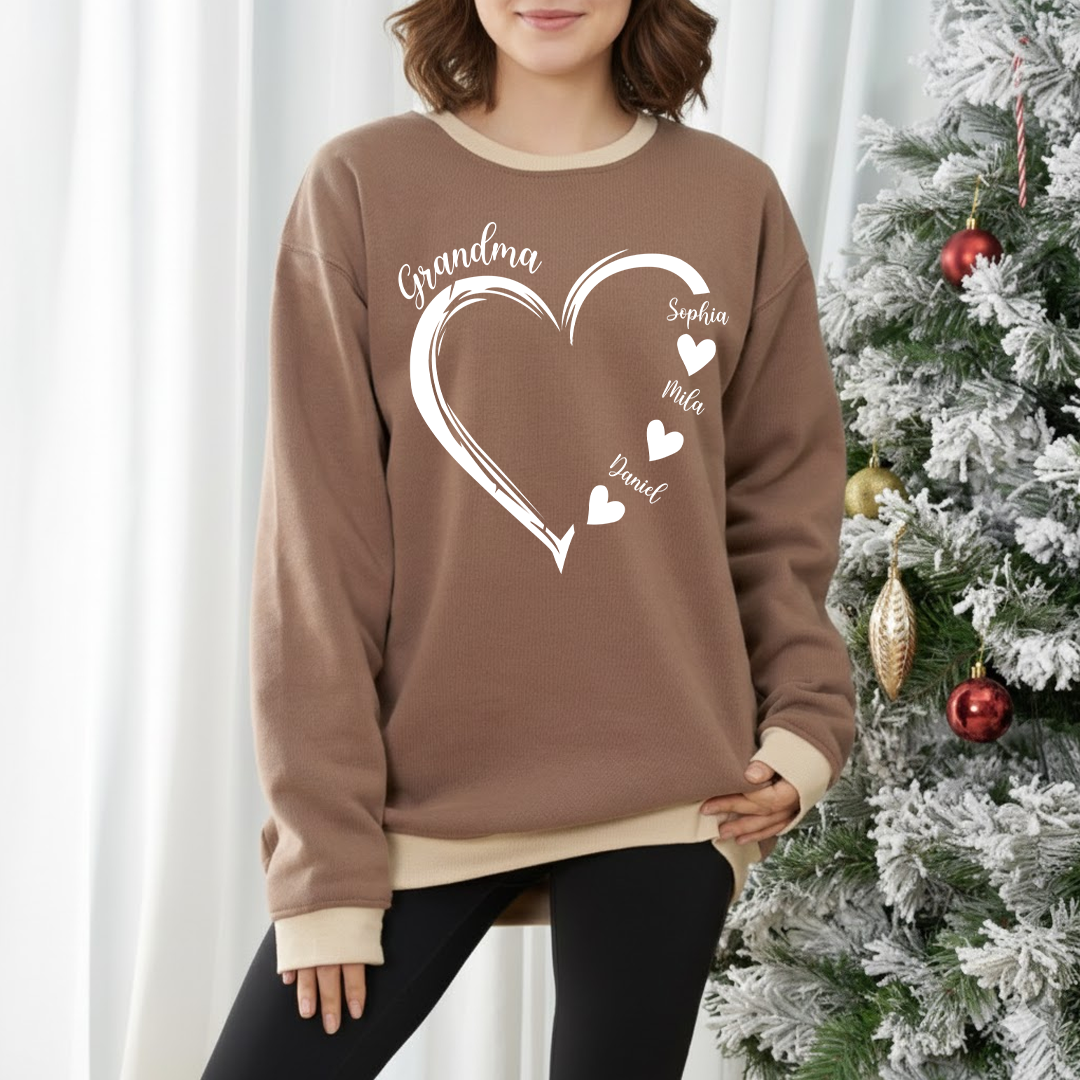 Personalized Mom and Grandma Heart Sweatshirt – Custom Grandkids Name Sweater – Cozy Christmas Gift for Grandma, Gigi, Nana, Mimi