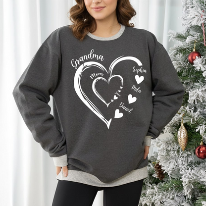 Personalized Mom and Grandma Heart Sweatshirt – Custom Grandkids Name Sweater – Cozy Christmas Gift for Grandma, Gigi, Nana, Mimi