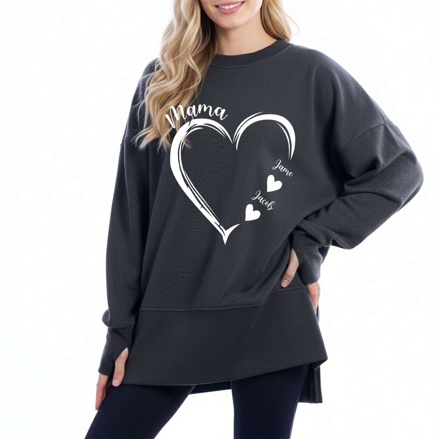 Personalized Mama and Kids Heart Women Oversized Sweatshirts Thumbhole Long Sleeve, Thumbhole Fall Side Slit Pullover