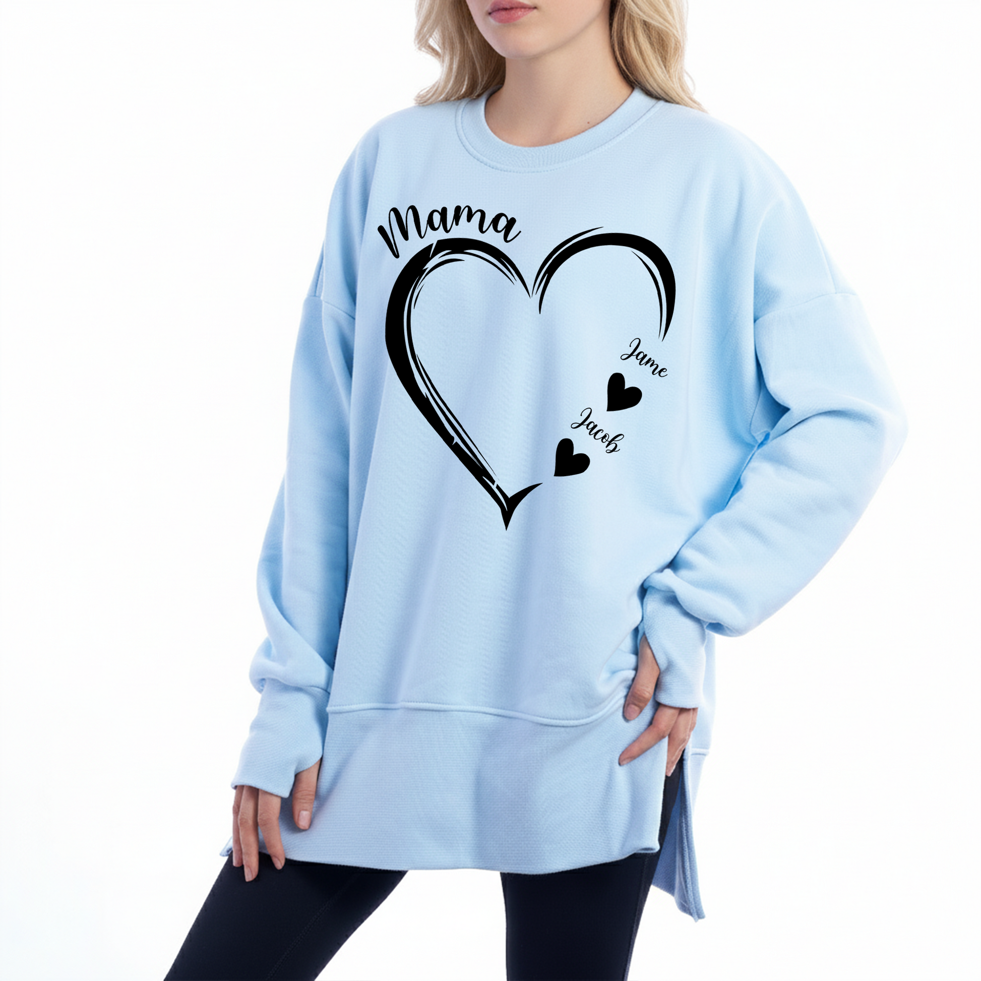 Personalized Mama and Kids Heart Women Oversized Sweatshirts Thumbhole Long Sleeve, Thumbhole Fall Side Slit Pullover