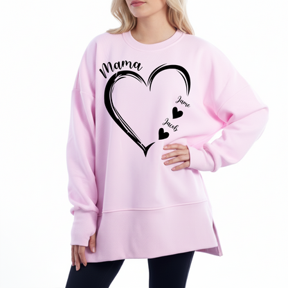 Personalized Mama and Kids Heart Women Oversized Sweatshirts Thumbhole Long Sleeve, Thumbhole Fall Side Slit Pullover