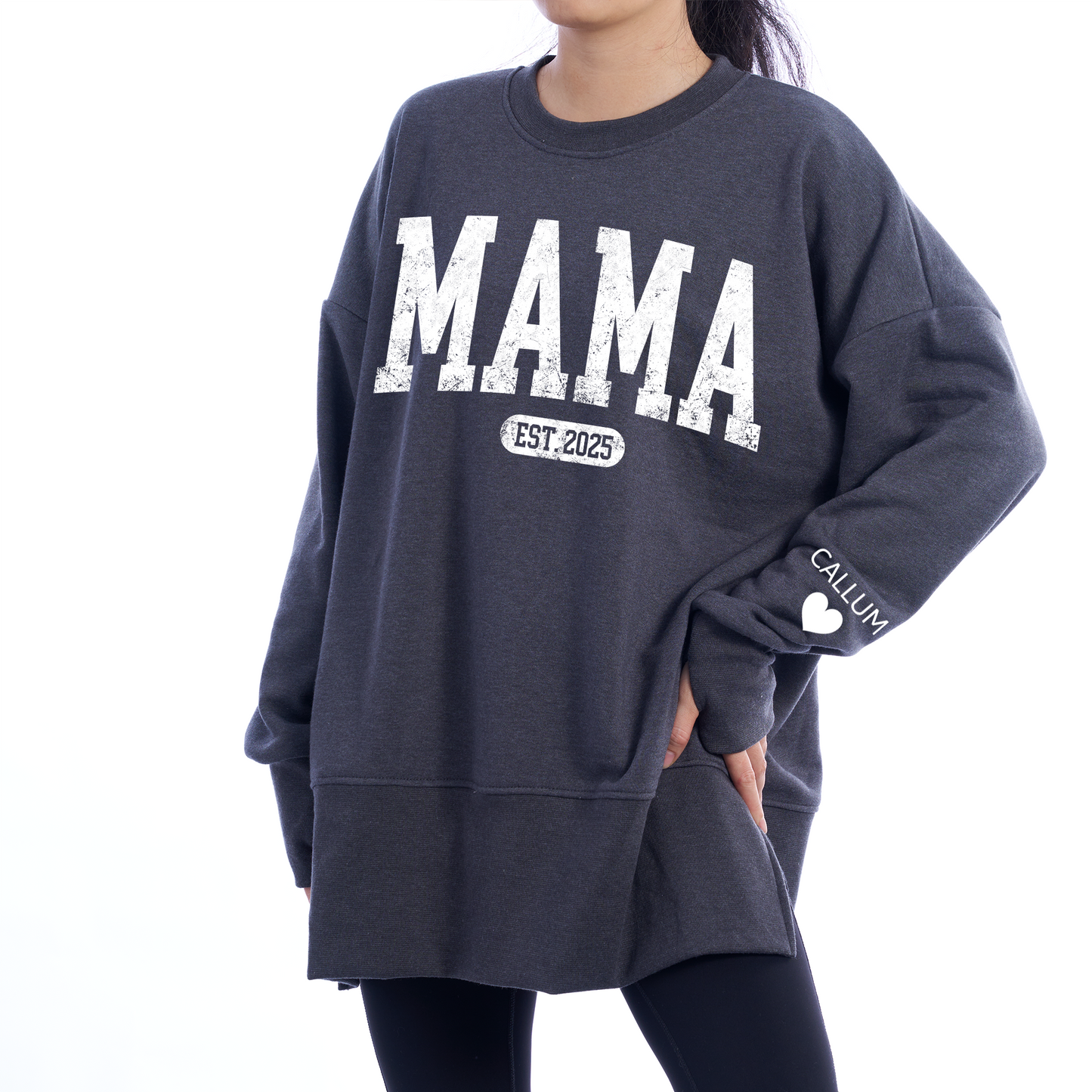 Personalized Mama Est And Kids Women Oversized Sweatshirts Thumbhole Long Sleeve, Thumbhole Fall Side Slit Pullover Sweatshirt Oversized