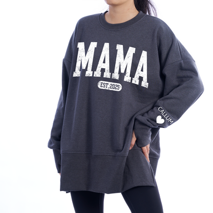 Personalized Mama Est And Kids Women Oversized Sweatshirts Thumbhole Long Sleeve, Thumbhole Fall Side Slit Pullover Sweatshirt Oversized