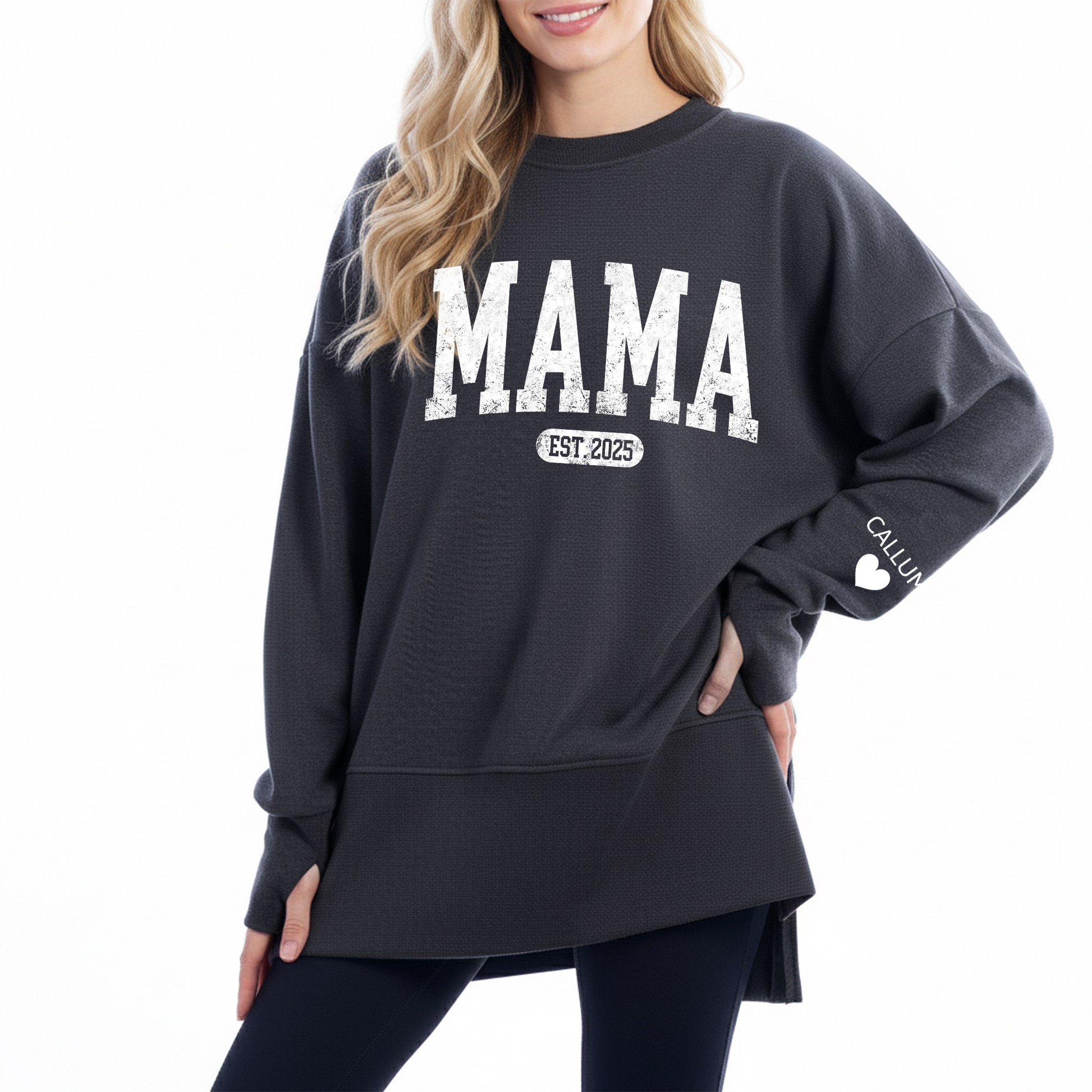 Personalized Mama Est And Kids Women Oversized Sweatshirts Thumbhole Long Sleeve, Thumbhole Fall Side Slit Pullover Sweatshirt Oversized