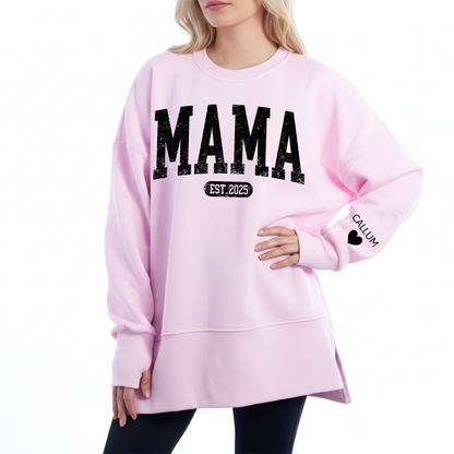 Personalized Mama Est And Kids Women Oversized Sweatshirts Thumbhole Long Sleeve, Thumbhole Fall Side Slit Pullover Sweatshirt Oversized