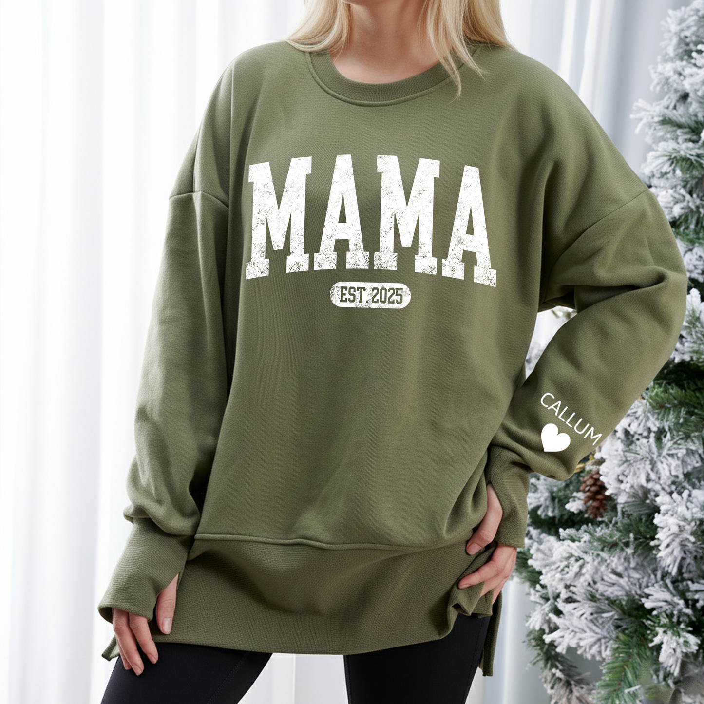 Personalized Mama Est And Kids Women Oversized Sweatshirts Thumbhole Long Sleeve, Thumbhole Fall Side Slit Pullover Sweatshirt Oversized
