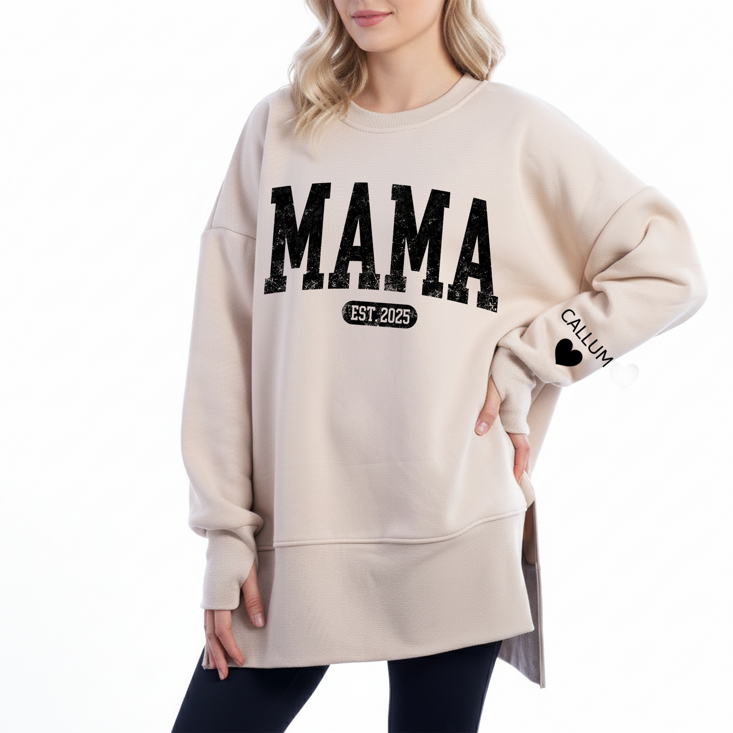 Personalized Nana Est And Kids Women Oversized Sweatshirts Thumbhole Long Sleeve, Thumbhole Fall Side Slit Pullover