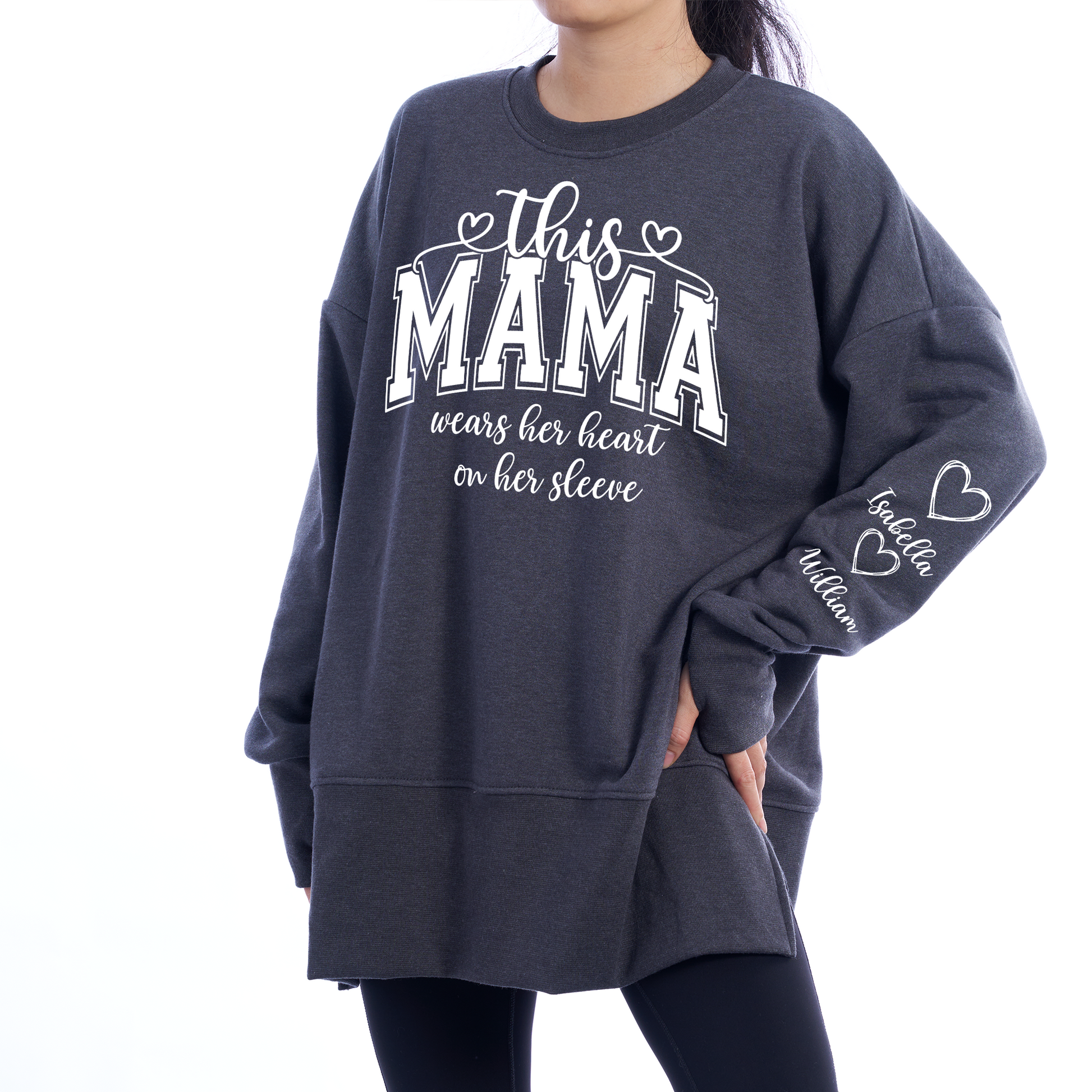 Personalized Mama Mommy Mom and Kids Women Oversized Sweatshirts Thumbhole Long Sleeve, Thumbhole Fall Side Slit Pullover