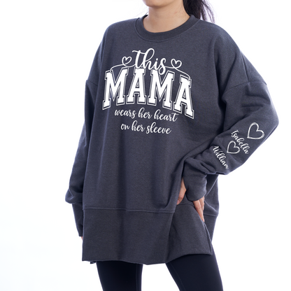 Personalized Mama Mommy Mom and Kids Women Oversized Sweatshirts Thumbhole Long Sleeve, Thumbhole Fall Side Slit Pullover