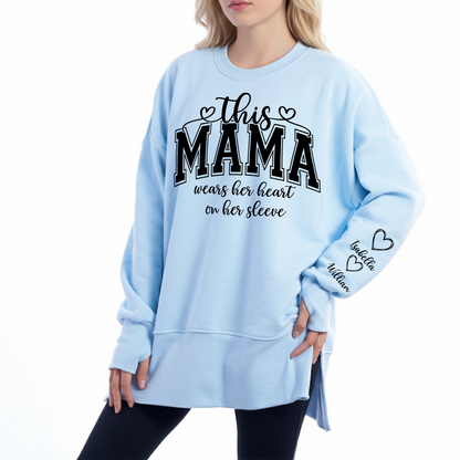 Personalized Mama Mommy Mom and Kids Women Oversized Sweatshirts Thumbhole Long Sleeve, Thumbhole Fall Side Slit Pullover