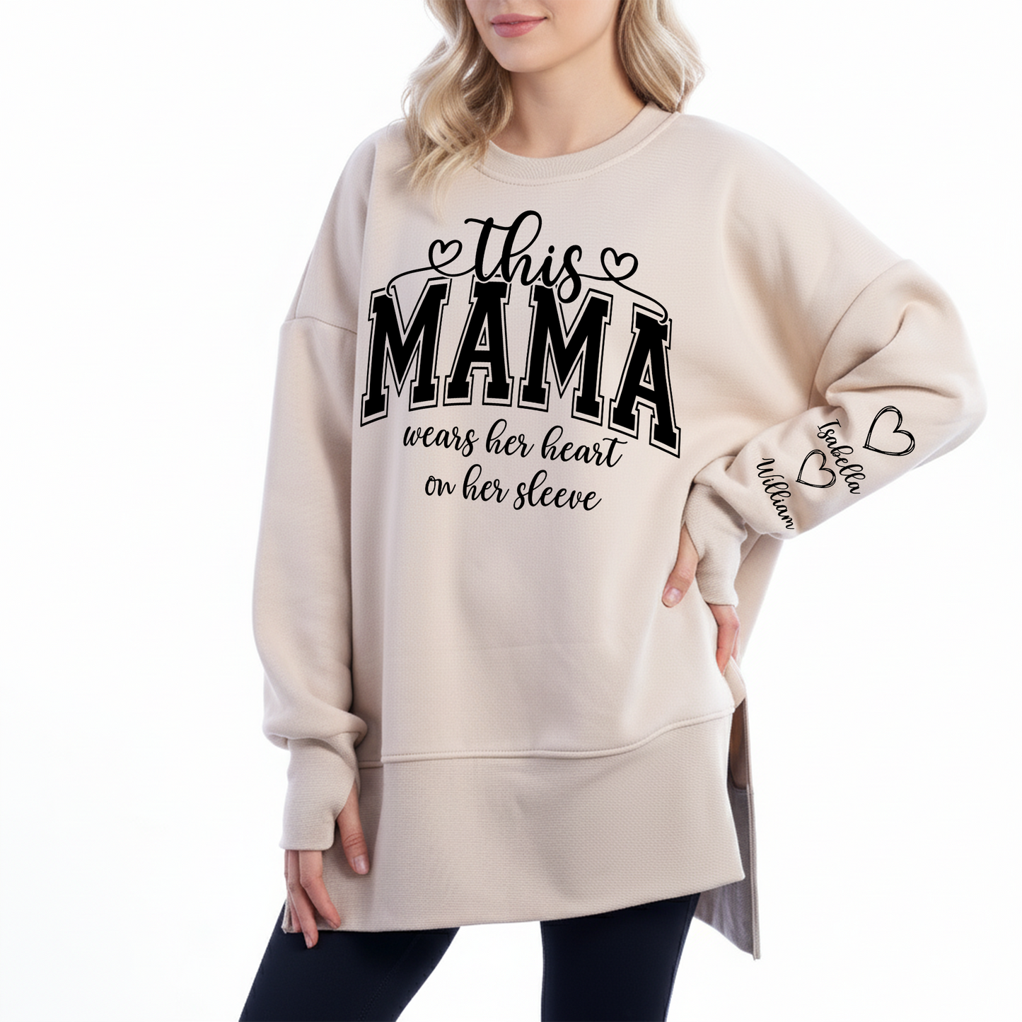 Personalized Mama Mommy Mom and Kids Women Oversized Sweatshirts Thumbhole Long Sleeve, Thumbhole Fall Side Slit Pullover