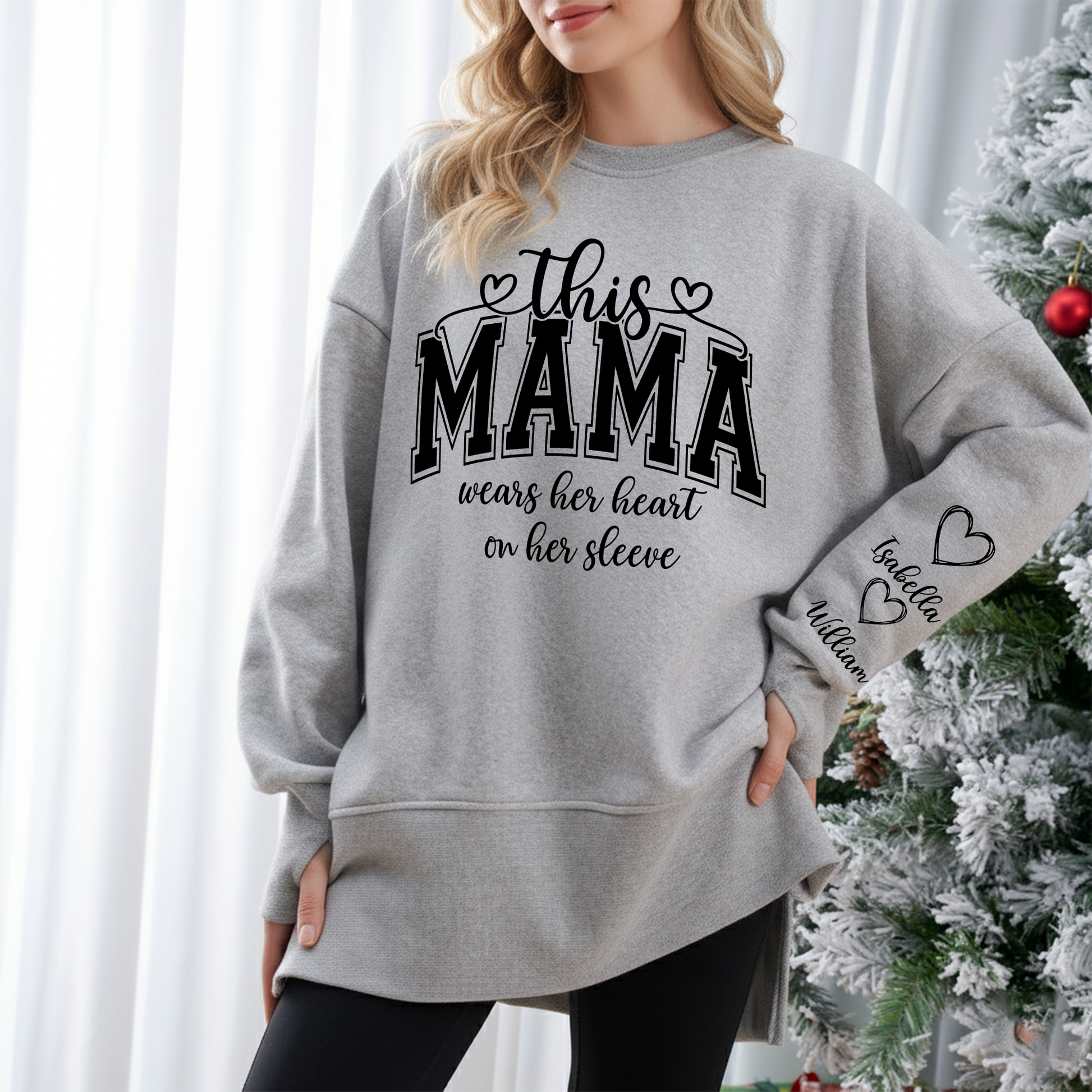 Personalized Mama Mommy Mom and Kids Women Oversized Sweatshirts Thumbhole Long Sleeve, Thumbhole Fall Side Slit Pullover