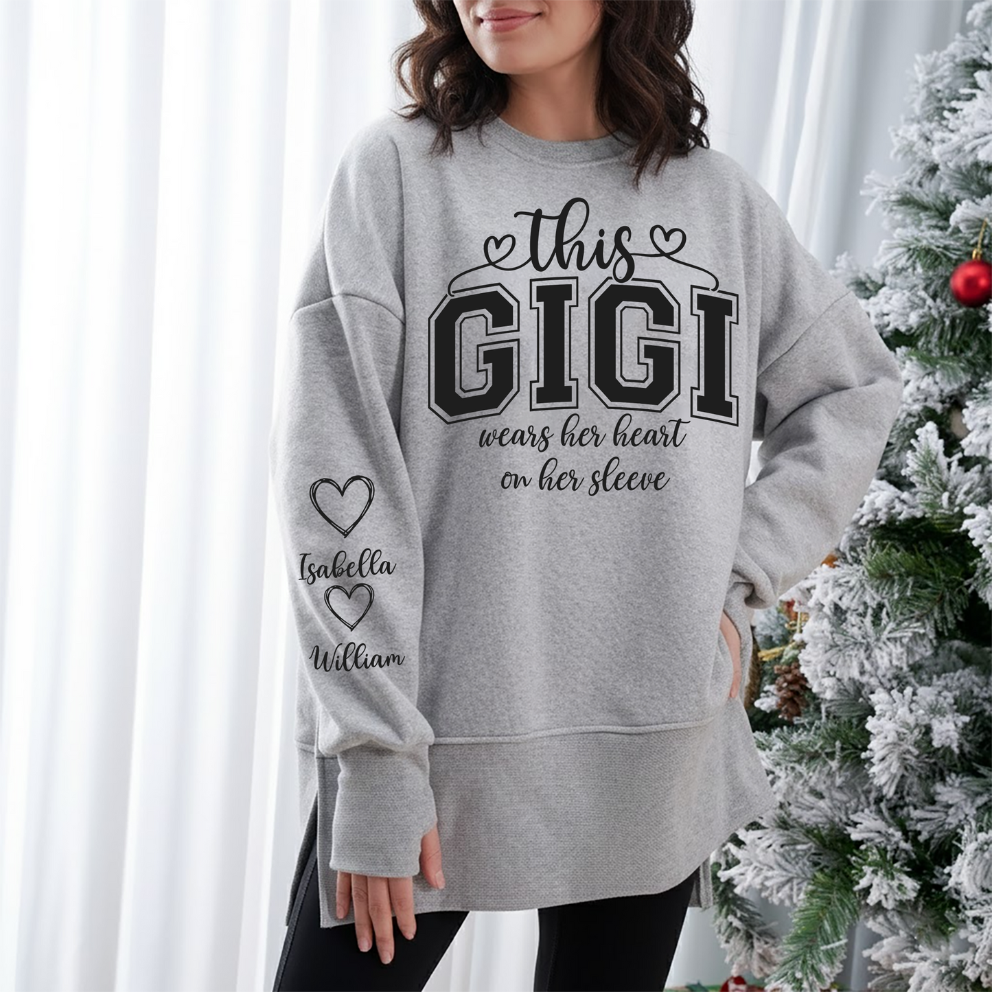 Personalized Mama Mommy Mom and Kids Women Oversized Sweatshirts Thumbhole Long Sleeve, Thumbhole Fall Side Slit Pullover