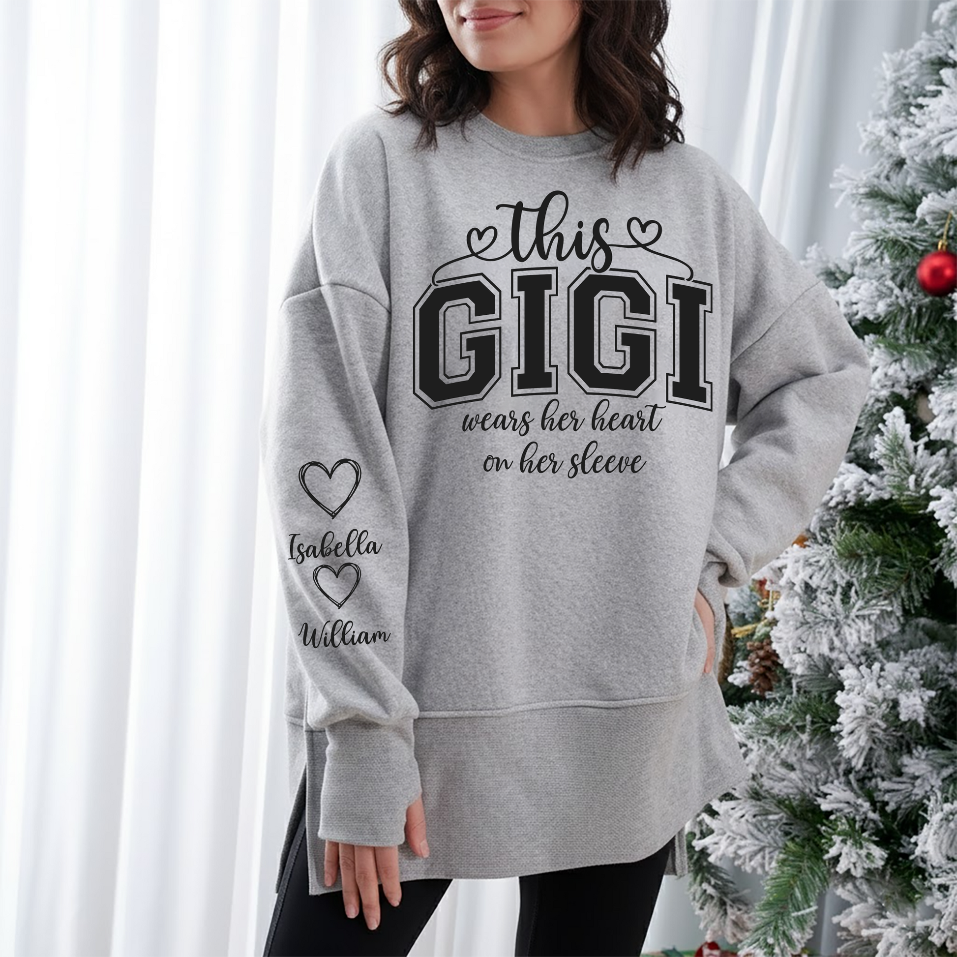 Personalized Mama Mommy Mom and Kids Women Oversized Sweatshirts Thumbhole Long Sleeve, Thumbhole Fall Side Slit Pullover