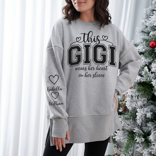 Personalized Mama Mommy Mom and Kids Women Oversized Sweatshirts Thumbhole Long Sleeve, Thumbhole Fall Side Slit Pullover