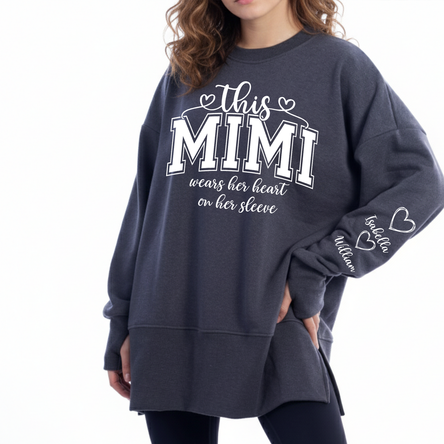 Personalized Mama Mommy Mom and Kids Women Oversized Sweatshirts Thumbhole Long Sleeve, Thumbhole Fall Side Slit Pullover