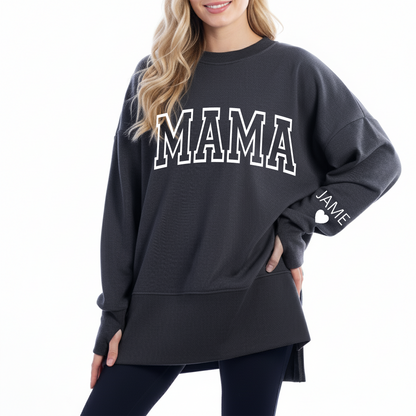 Personalized Mama And Kids Name Women Oversized Sweatshirts Thumbhole Long Sleeve, Thumbhole Fall Side Slit Pullover
