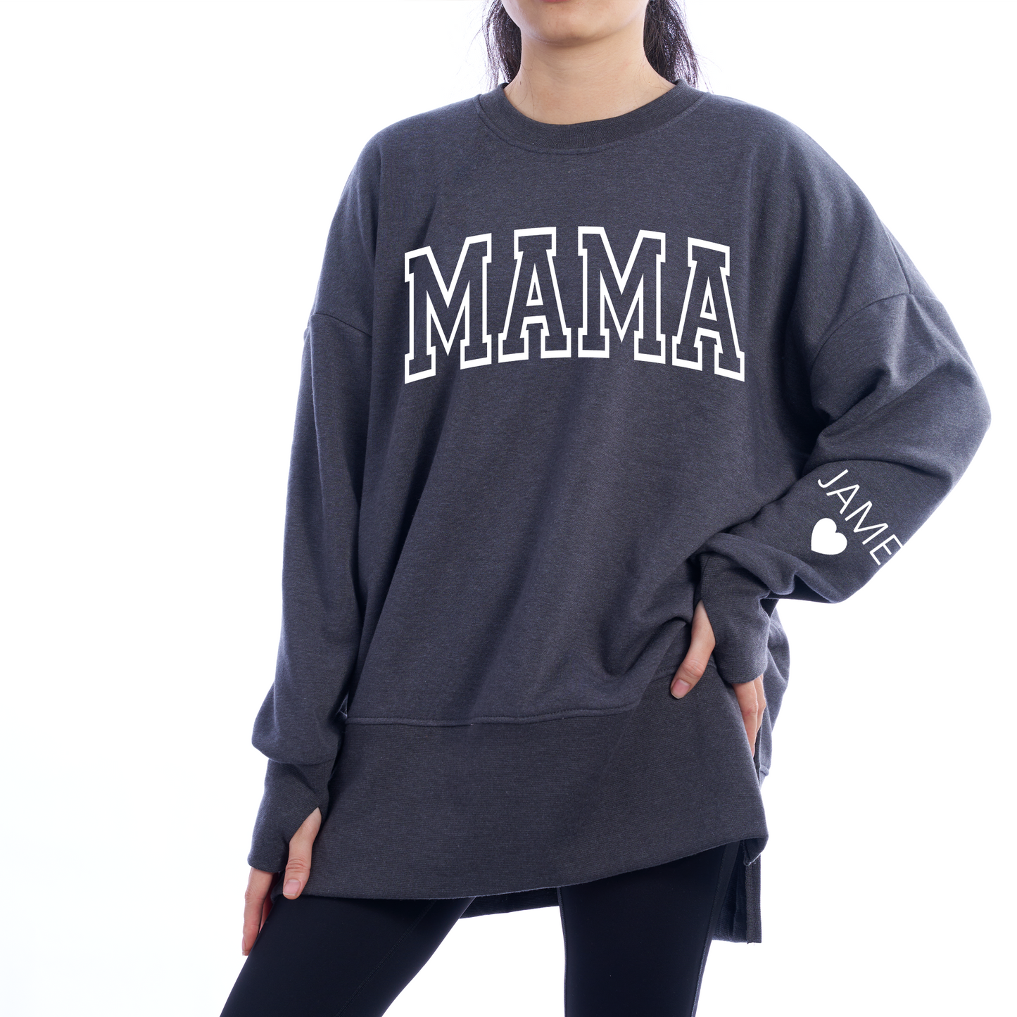 Personalized Mama And Kids Name Women Oversized Sweatshirts Thumbhole Long Sleeve, Thumbhole Fall Side Slit Pullover