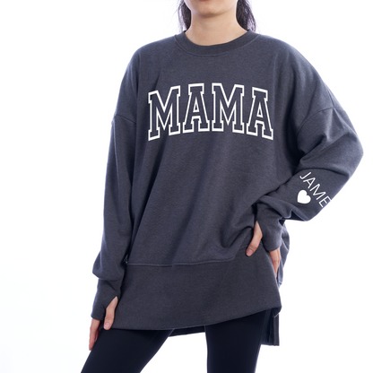 Personalized Mama And Kids Name Women Oversized Sweatshirts Thumbhole Long Sleeve, Thumbhole Fall Side Slit Pullover