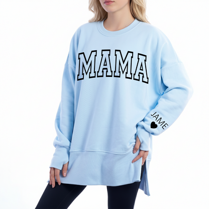 Personalized Mama And Kids Name Women Oversized Sweatshirts Thumbhole Long Sleeve, Thumbhole Fall Side Slit Pullover