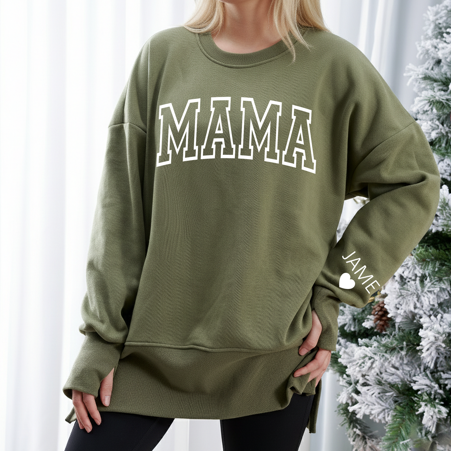 Personalized Mama And Kids Name Women Oversized Sweatshirts Thumbhole Long Sleeve, Thumbhole Fall Side Slit Pullover