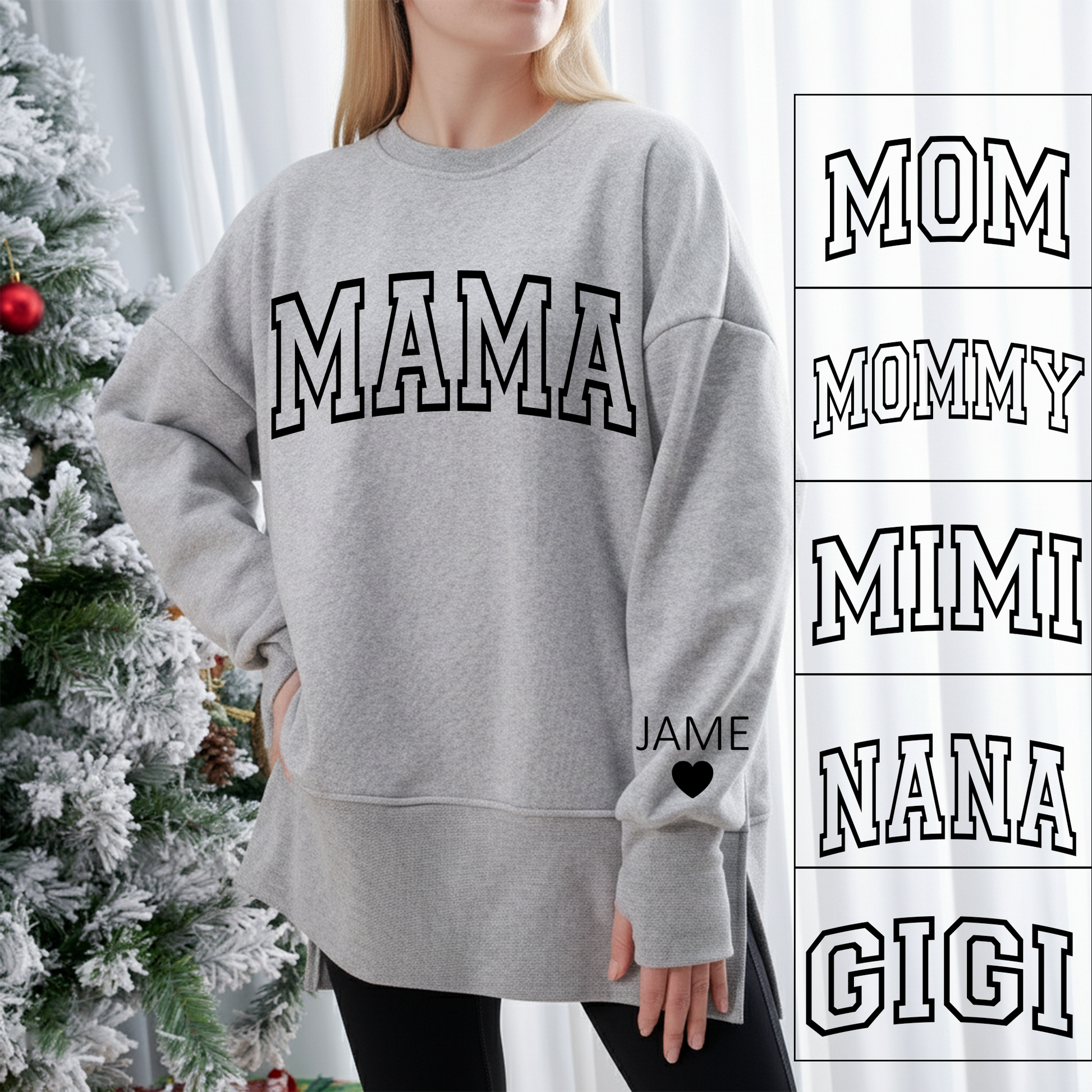 Personalized Mama And Kids Name Women Oversized Sweatshirts Thumbhole Long Sleeve, Thumbhole Fall Side Slit Pullover