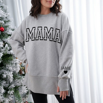 Personalized Mama And Kids Name Women Oversized Sweatshirts Thumbhole Long Sleeve, Thumbhole Fall Side Slit Pullover