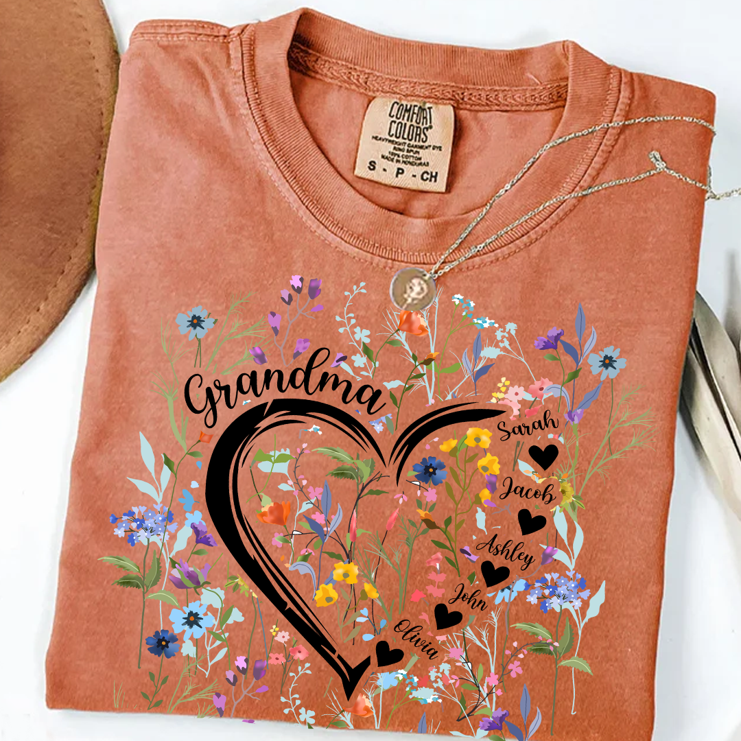 Comfort Colors® Heart Grandma  Wildflower  And Grandkids Shirt – Personalized Grandmother T-Shirt with Grandkids' Names – Cute Floral Grandma Gift for Grandma, Mother's Day, Birthday