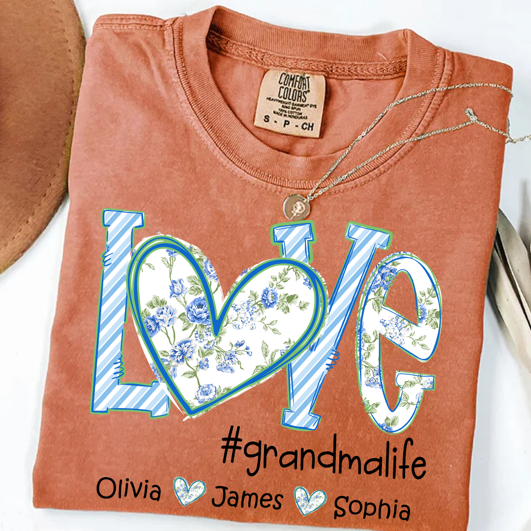 Love grandmalife Personalized Grandma Shirt - Floral Print Comfort Colors Tee - Custom Grandmother Gift with Grandkids' Names