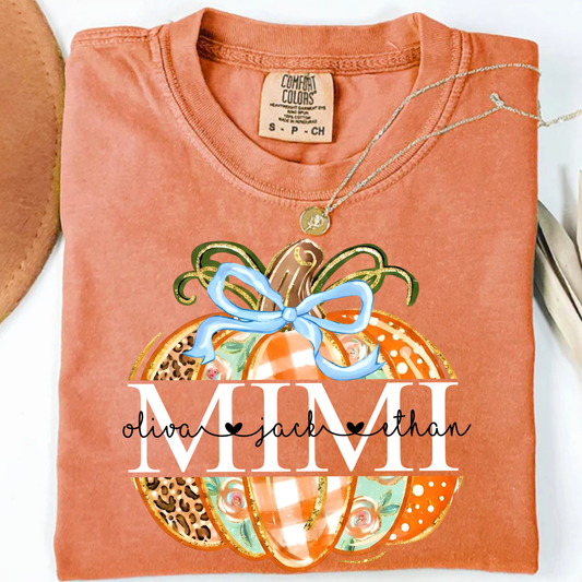Comfort Colors® Personalized Mimi Pumpkin T-shirt, Autumn shirt for grandma with grandchildren's names, Cute autumn Thanksgiving gift for grandma