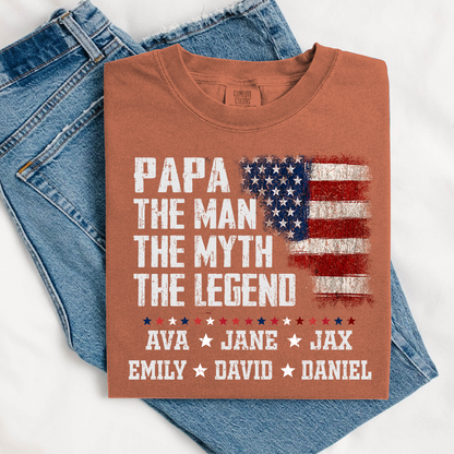 Papa The Man The Myth The Legend Shirt - Custom Comfort Colors Tee with Grandkids Names - Father's Day Gift