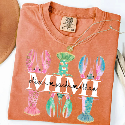 Comfort Colors Custom Mimi Lobster Shirt with Grandkids Names, Personalized Grandma Beach Summer T-Shirt Gift for Grandma