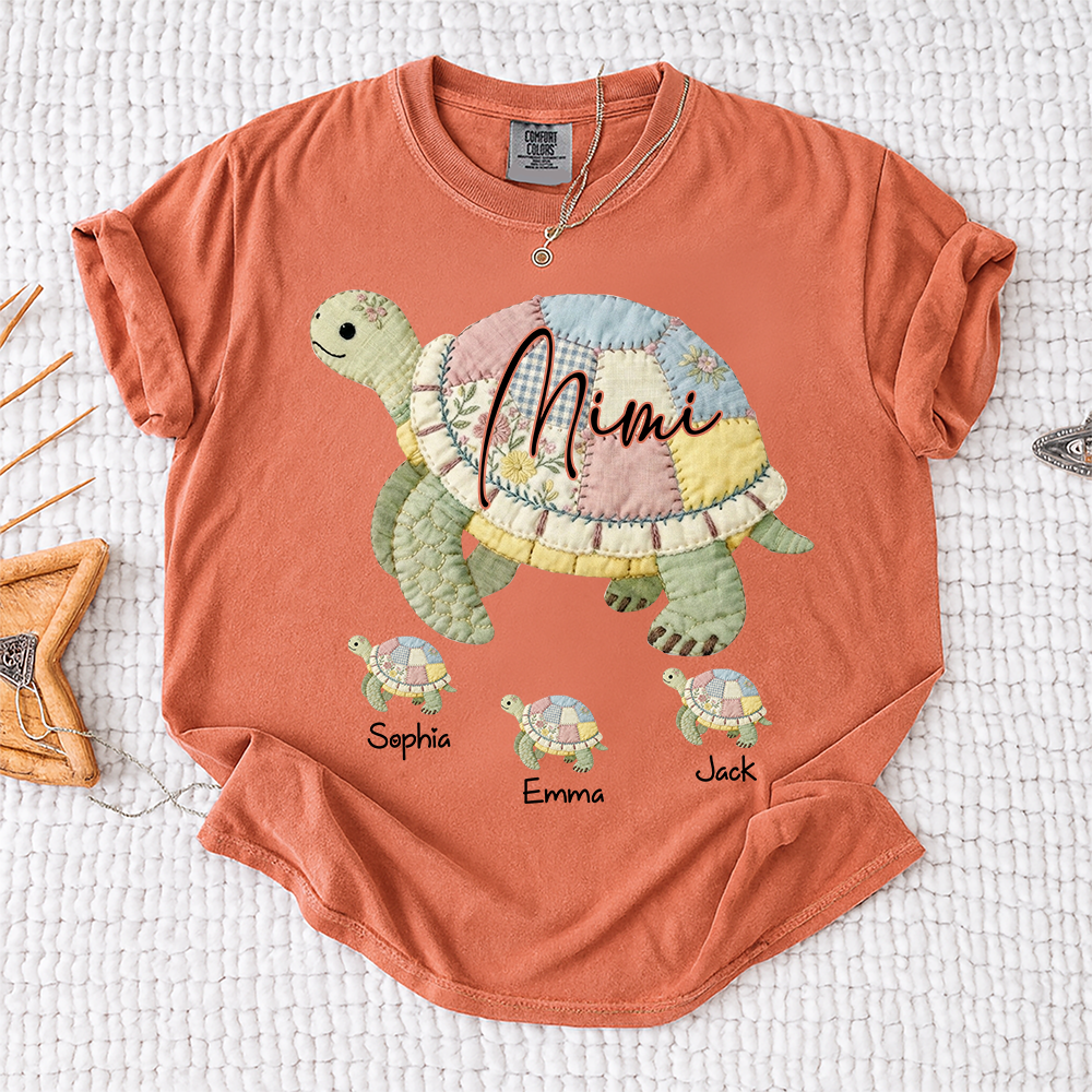 Comfort Colors® Personalized Mimi Patchwork Turtle, Custom Grandkids Names Shirt, Grandma Turtle Family Shirt, Birthday Gift for Mimi Nana Gigi, Mothers Day Shirt