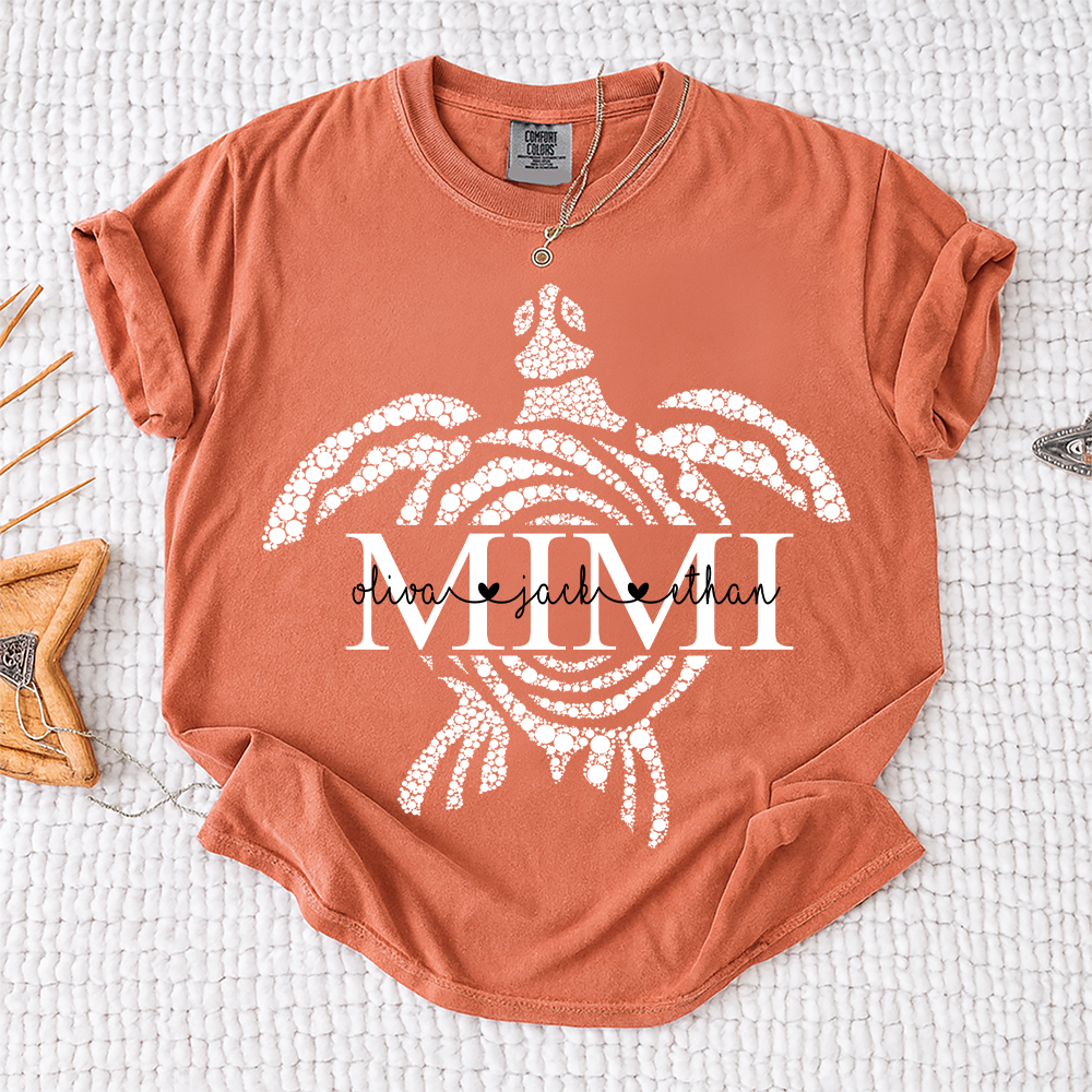 Comfort Colors® Personalized Mimi Mimi Sea Turtle Shirt, Custom Grandkids Names Beach Shirt,Custom Family Names Gift for Grandma