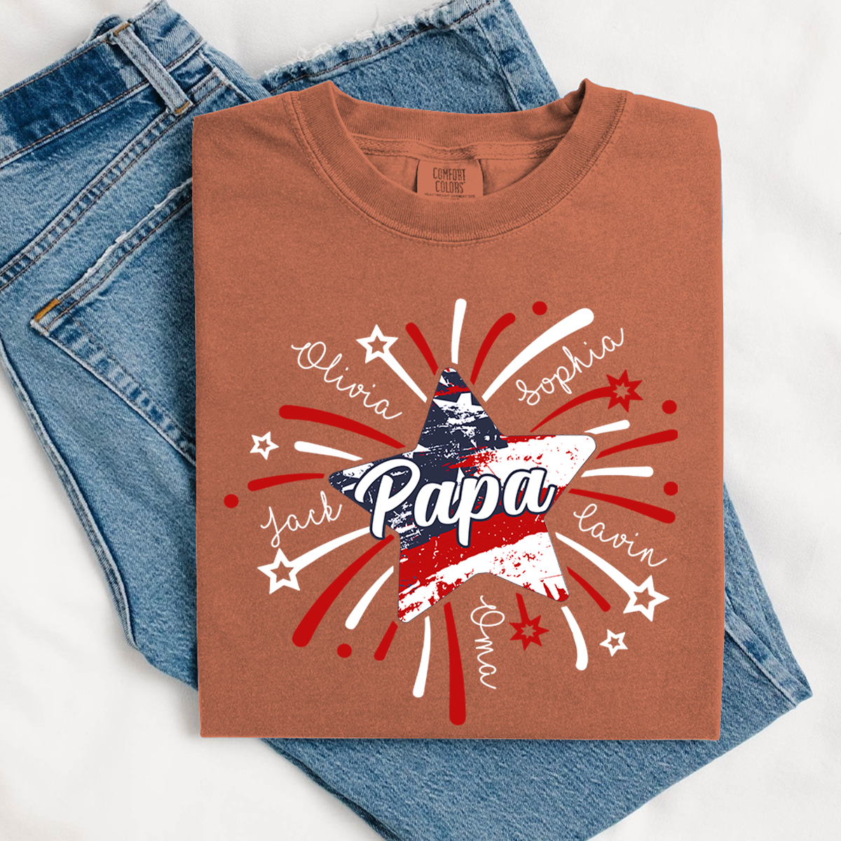 Comfort Colors® Custom 4th of July Papa Shirt, Custom Grandpa Firework American Flag T-Shirt