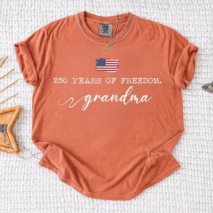 Comfort Colors® 250 Years of Freedom Personalized T-Shirt, Custom USA Flag Design for Grandma, Mama, Mimi, Gigi, Patriotic Family Shirt, Gifts for Independence Day, 4th of July
