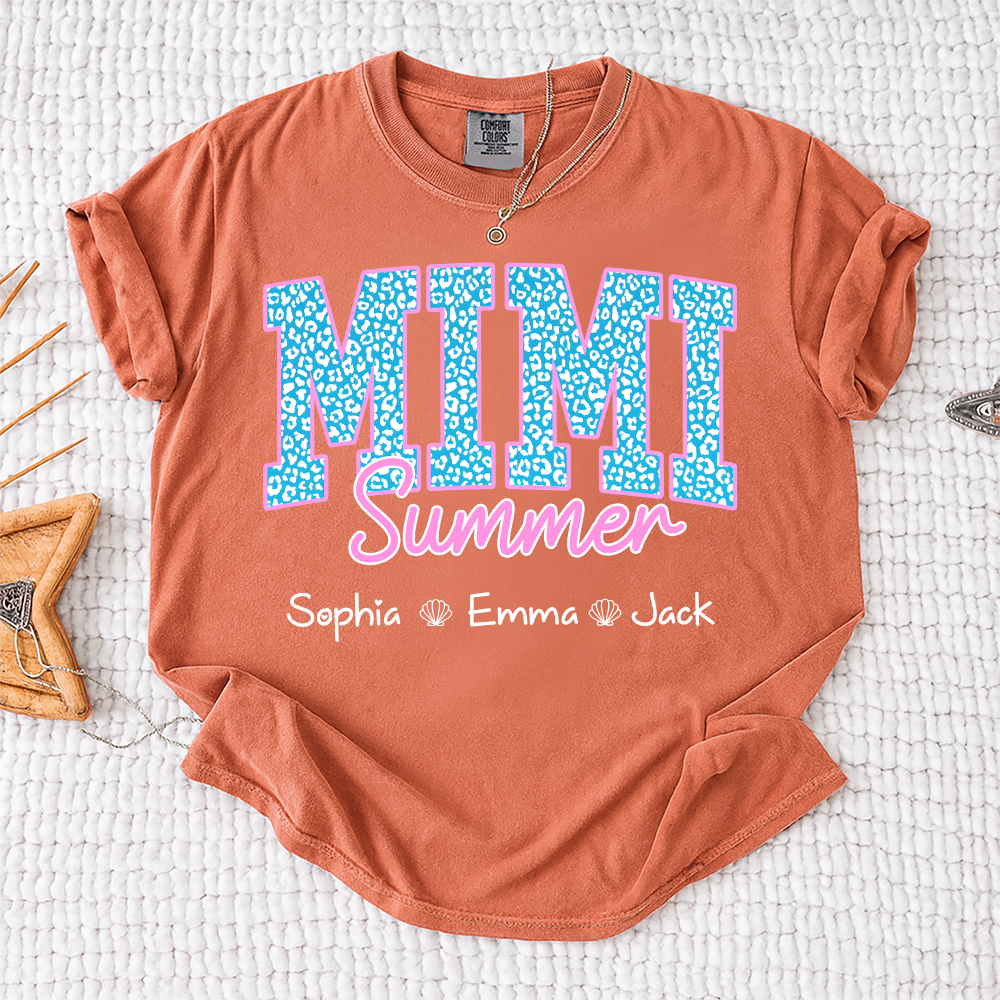 Comfort Colors® Personalized Mimi Summer Shirt, Custom Grandkids Names Shirt, Leopard Heart Grandma Shirt, Summer Gift for Mimi Nana Gigi, Birthday Mothers Day Shirt